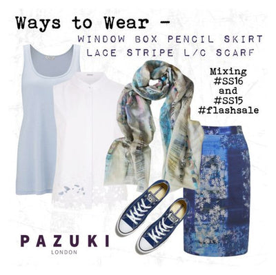 SS16/SS15 - Pazuki - Ways to Wear - Lace Stripe Linen Cotton Scarf & Window Box Pencil Skirt