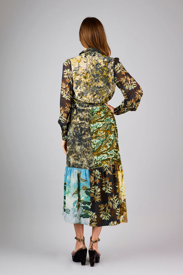 Maeve Neutral Patchwork Silk Crepe de Chine Maxi Dress