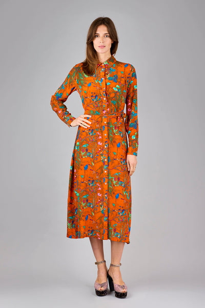 Gaia Scattered Leaves Scarlet Silk Crepe de Chine Midi Shirt Dress