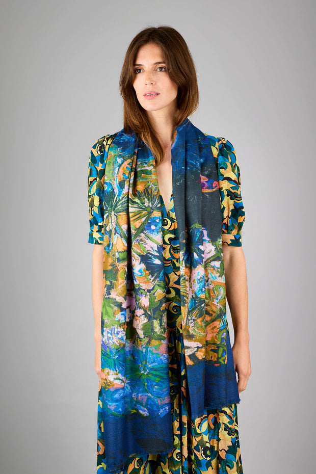 Spiky Flower Indigo Wool Silk Scarf