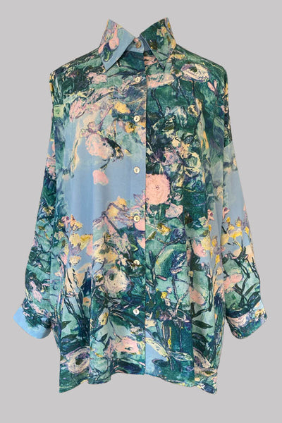 Aphaea Wild Garden Blue Crepe de Chine Shirt