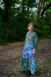 Maeve Blue Flutter Patchwork Silk Crepe de Chine Maxi Dress