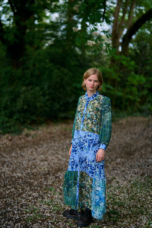 Maeve Blue Flutter Patchwork Silk Crepe de Chine Maxi Dress