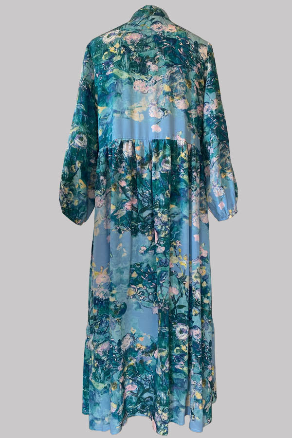 Fauna Blue Silk Crepe de Chine Maxi Dress