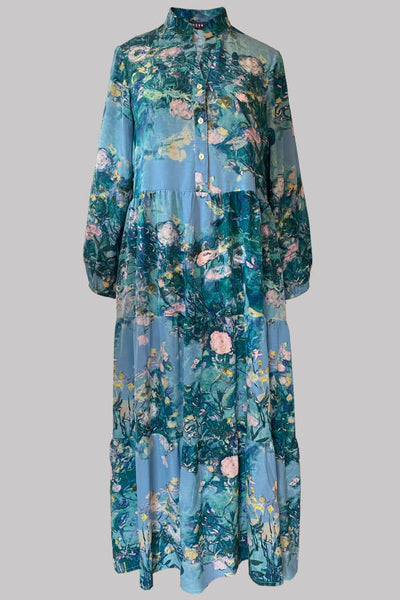 Fauna Blue Silk Crepe de Chine Maxi Dress
