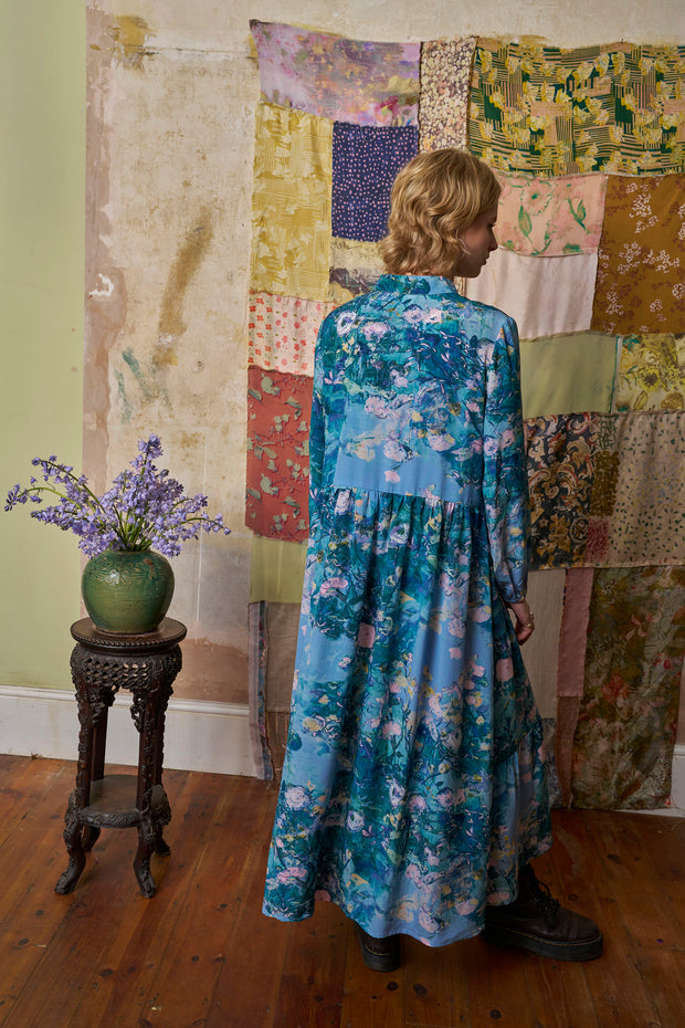 Fauna Blue Silk Crepe de Chine Maxi Dress