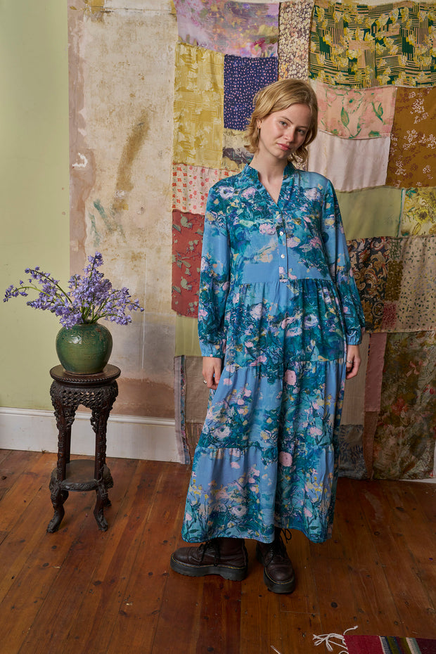 Fauna Blue Silk Crepe de Chine Maxi Dress