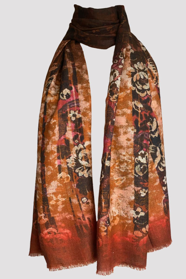 French Tapestry Brown Wool Silk Scarf