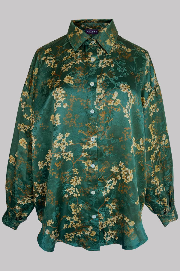 Freya Silk Jacquard Shirt Petites Fleurs Green