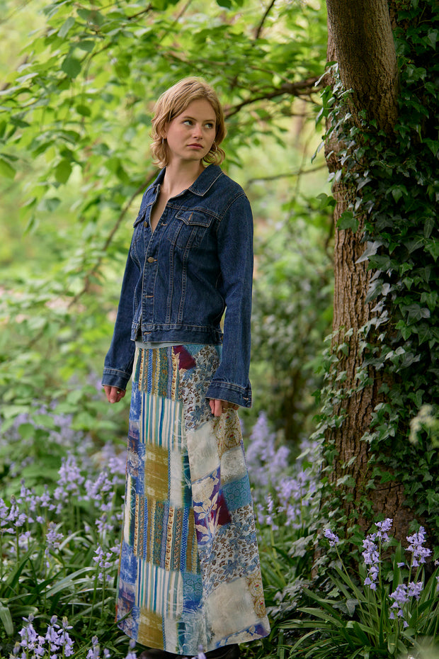 Ariadne Indigo Patch Silk Crepe de Chine Skirt