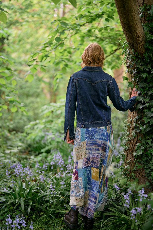 Ariadne Indigo Patch Silk Crepe de Chine Skirt
