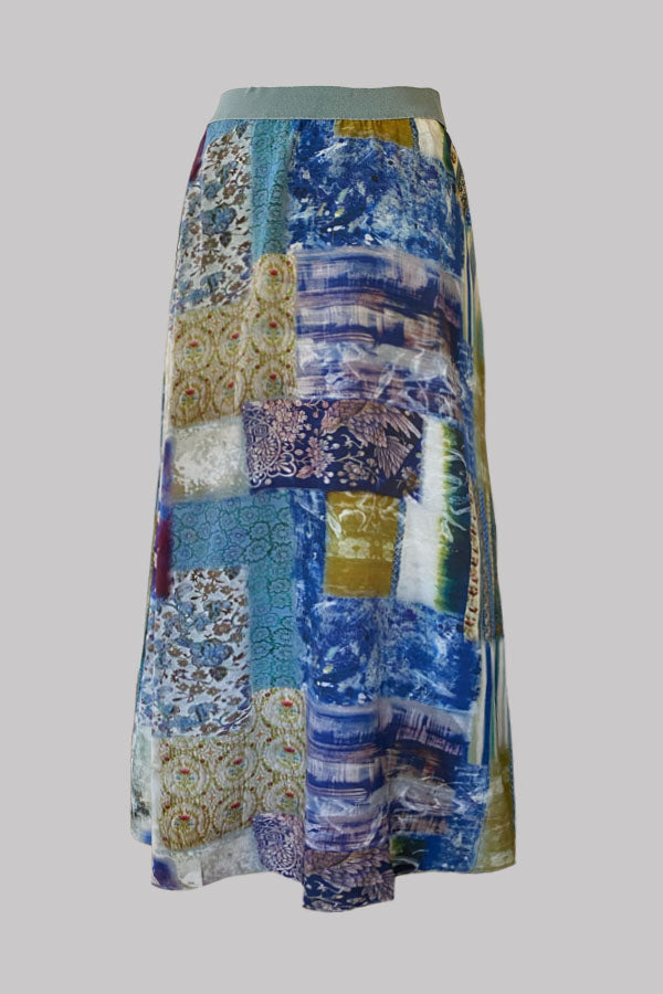 Ariadne Indigo Patch Silk Crepe de Chine Skirt