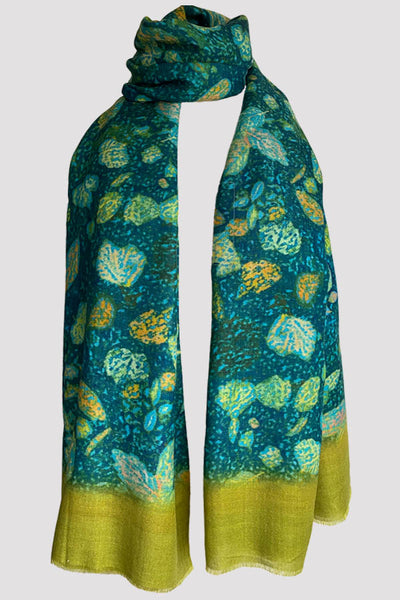 Leafy Path Teal Wool Silk Scarf