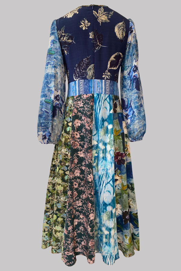 Libertas Blue Patchwork Silk Crepe de Chine Midi Dress