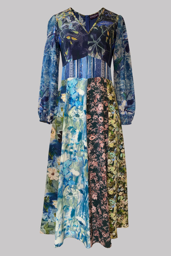 Libertas Blue Patchwork Silk Crepe de Chine Midi Dress