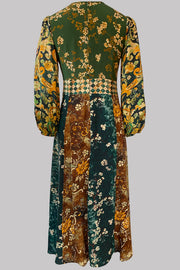 Libertas Green Patchwork Silk Crepe de Chine Midi Dress