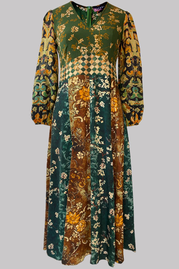 Libertas Green Patchwork Silk Crepe de Chine Midi Dress