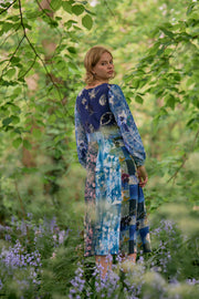 Libertas Blue Patchwork Silk Crepe de Chine Midi Dress