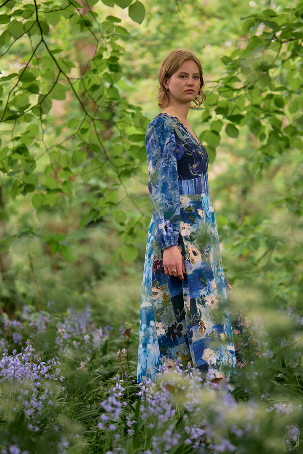 Libertas Blue Patchwork Silk Crepe de Chine Midi Dress