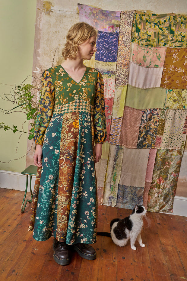 Libertas Green Patchwork Silk Crepe de Chine Midi Dress