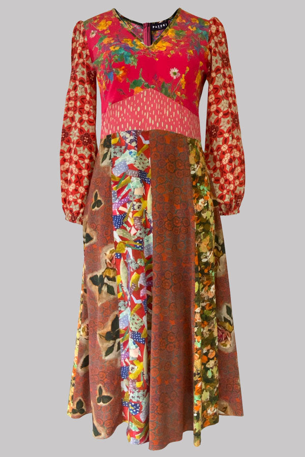 Libertas Pink Patchwork Silk Crepe de Chine Midi Dress