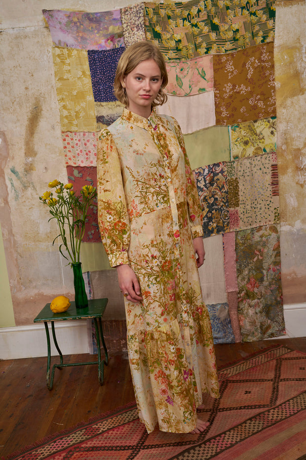 Maeve Meadow Yellow Silk Crepe de Chine Maxi Dress