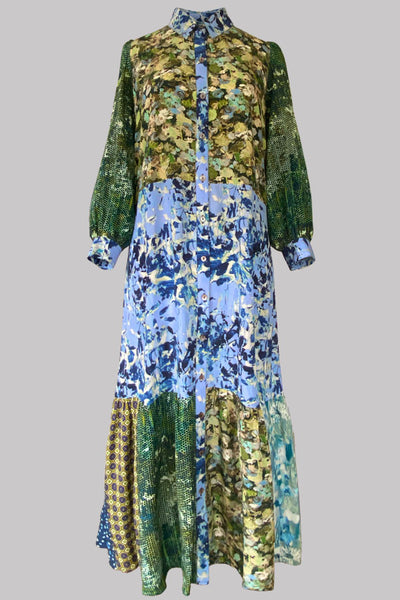 Maeve Blue Flutter Patchwork Silk Crepe de Chine Maxi Dress