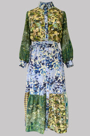 Maeve Blue Flutter Patchwork Silk Crepe de Chine Maxi Dress