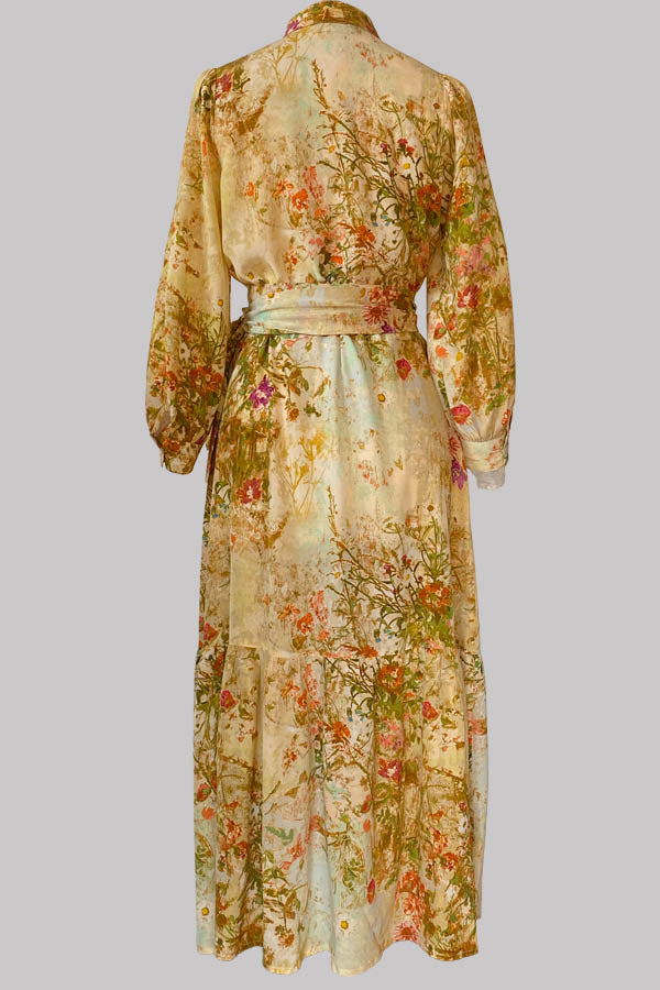 Maeve Meadow Yellow Silk Crepe de Chine Maxi Dress