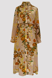 Gaia Persian Buttercup Apricot Silk Crepe de Chine Maxi Shirt Dress