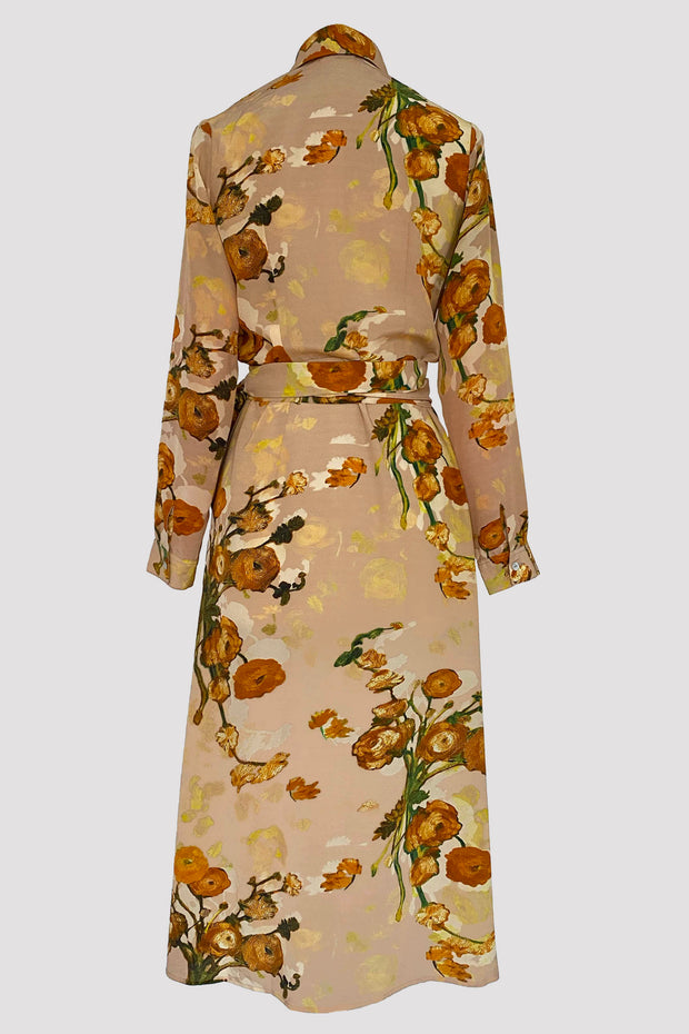 Gaia Persian Buttercup Apricot Silk Crepe de Chine Maxi Shirt Dress