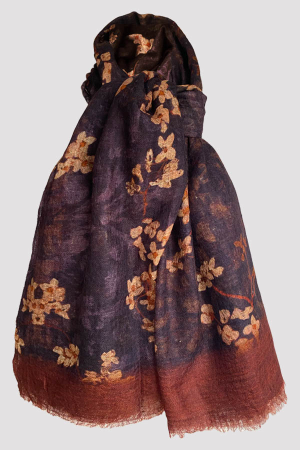 Petites Fleurs Brown Shrunk Cashmere Scarf