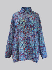 Aphaea Scratchy Grid Blue Silk Crepe de Chine Oversized Shirt