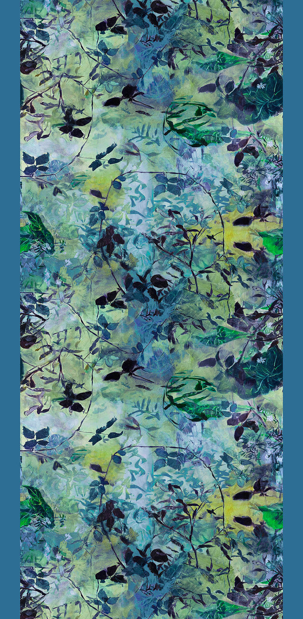 Swirling Leaves Blue Green Wool Silk Scarf