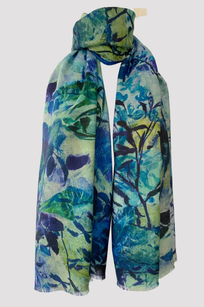 Swirling Leaves Blue Green Wool Silk Scarf