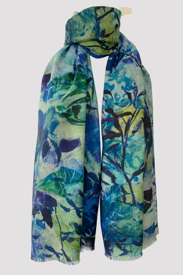 Swirling Leaves Blue Green Wool Silk Scarf