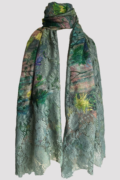 Tapestry Wool Silk Lace Green Scarf