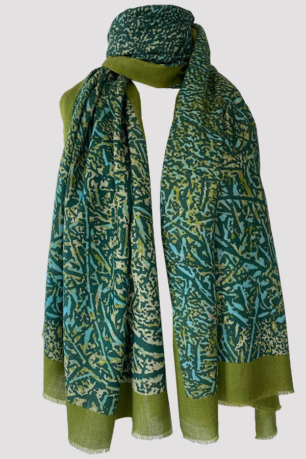 Textured Branch Teal Wool Silk Scarf Pazuki