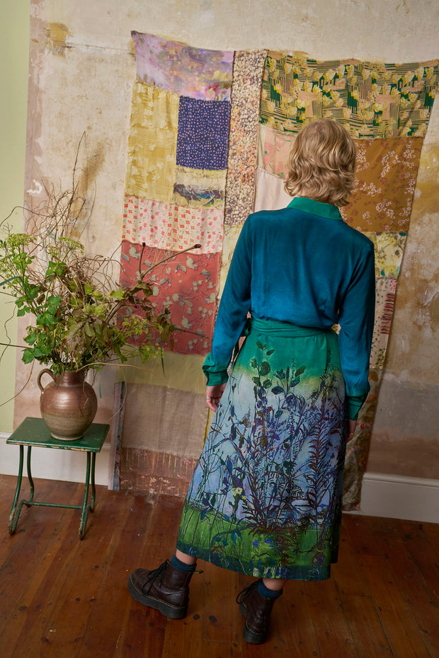 Gaia Wild Twigs Green Silk Crepe de Chine Midi Shirt Dress