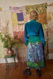 Gaia Wild Twigs Green Silk Crepe de Chine Midi Shirt Dress