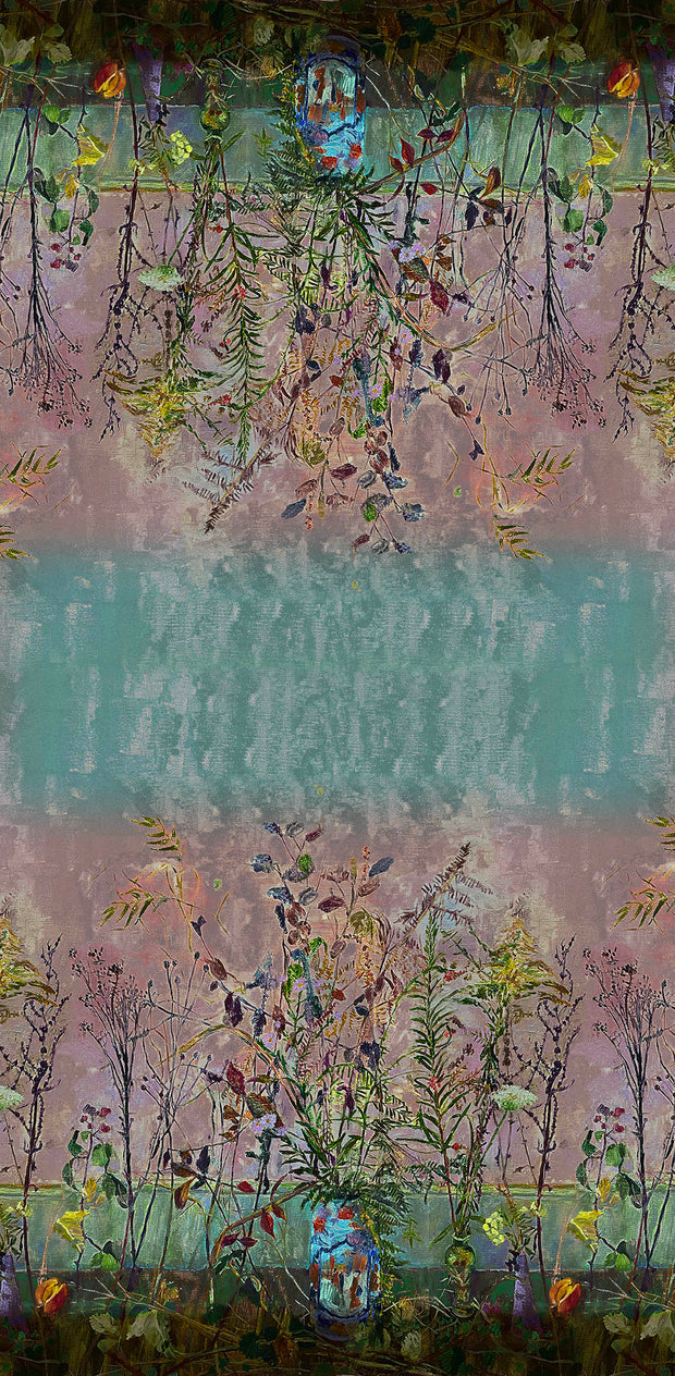 Wild Twigs Beige Pink Green Wool Silk Scarf