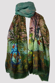 Wild Twigs Beige Pink Green Wool Silk Scarf
