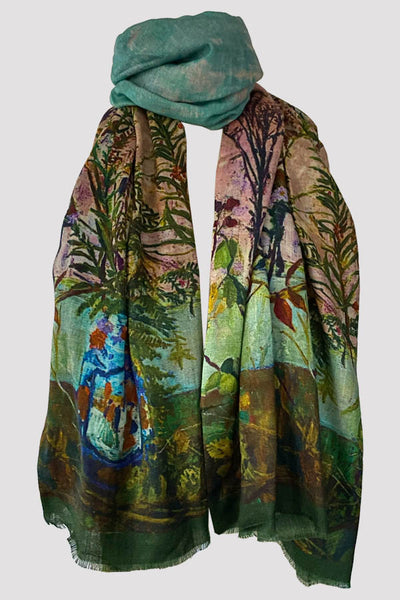 Wild Twigs Beige Pink Green Wool Silk Scarf