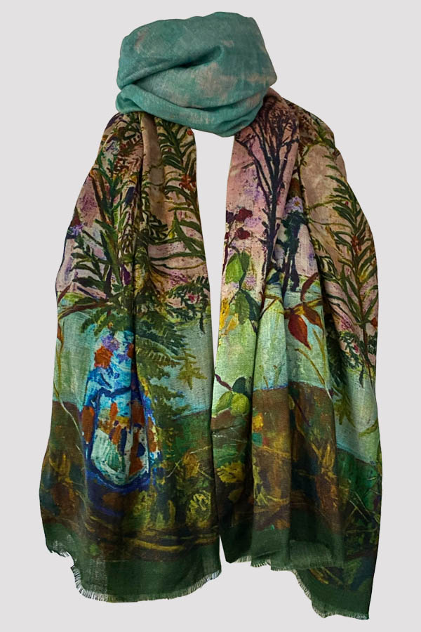 Wild Twigs Beige Pink Green Wool Silk Scarf