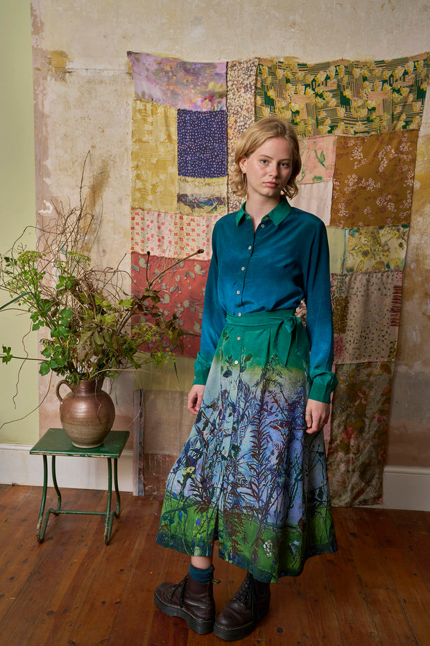 Gaia Wild Twigs Green Silk Crepe de Chine Midi Shirt Dress