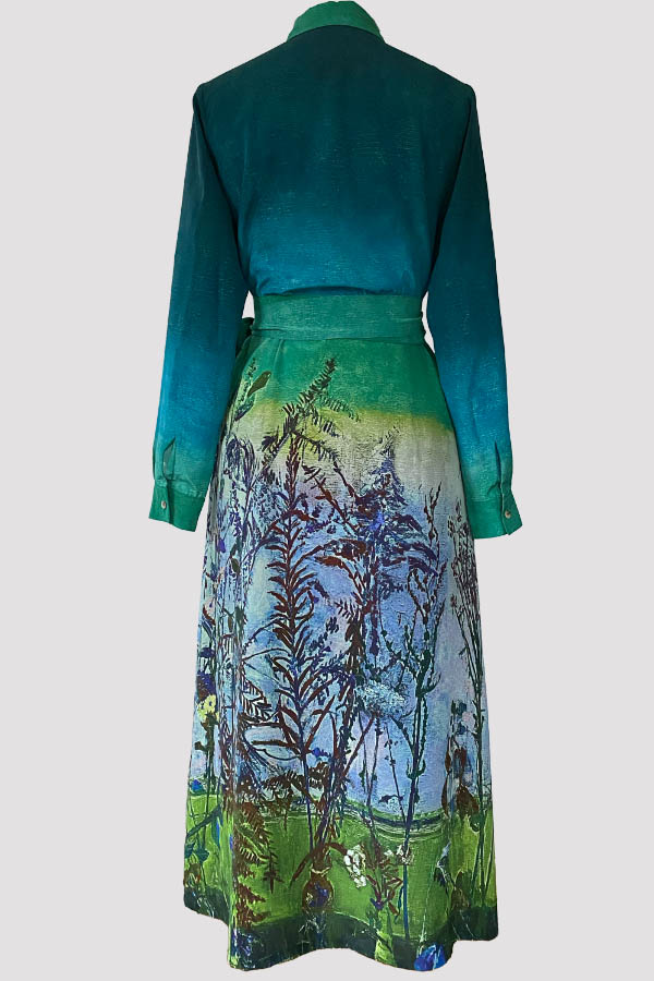 Gaia Wild Twigs Green Silk Crepe de Chine Midi Shirt Dress