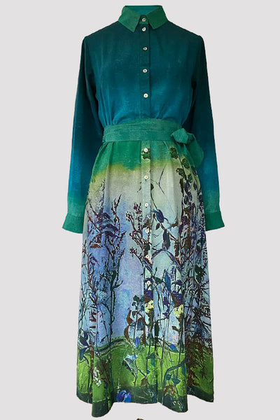 Gaia Wild Twigs Green Silk Crepe de Chine Midi Shirt Dress