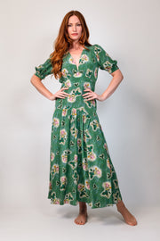 Persephone Bed of Roses Green Silk Crepe de Chine Maxi Dress