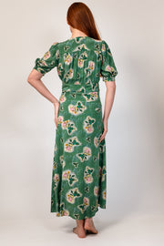 Persephone Bed of Roses Green Silk Crepe de Chine Maxi Dress