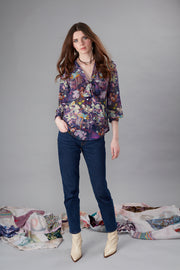 Maia Lumi Leaf Violet Silk Georgette Pussy Bow Shirt